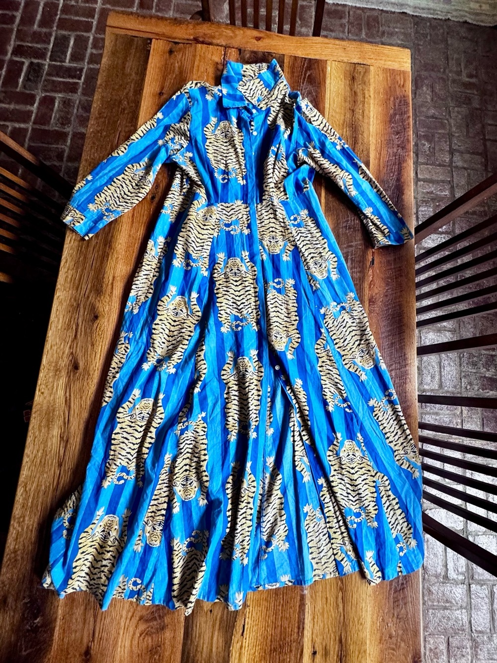 Guadalupe Bold Blue Tiger-Print Maxi Shirt Dress size Medium